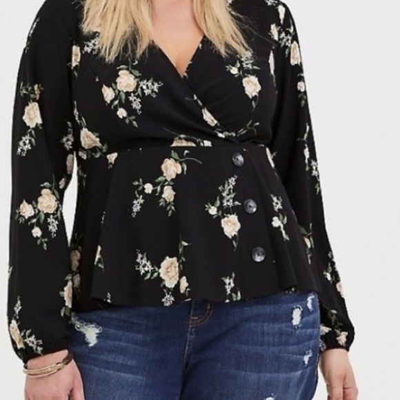 Torrid Black Floral Crepe Surplice Midi Peplum Top Long Sleeve, size 4 (4X) EUC - Picture 5 of 6